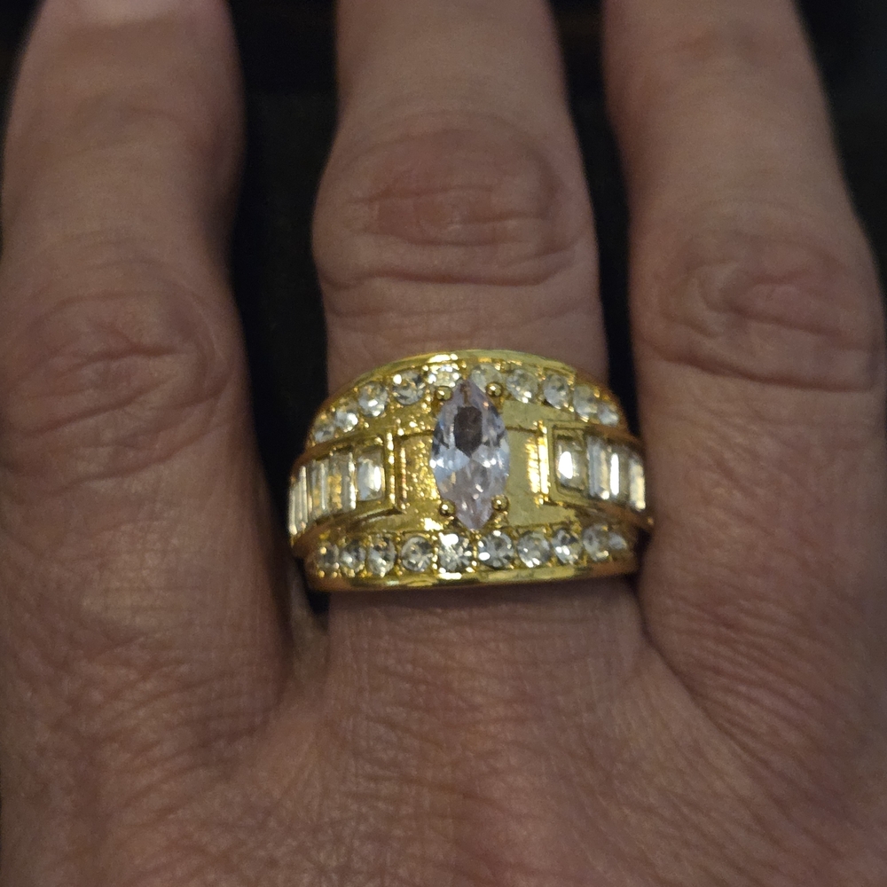 Goldtone And White Crystals Women's Ring